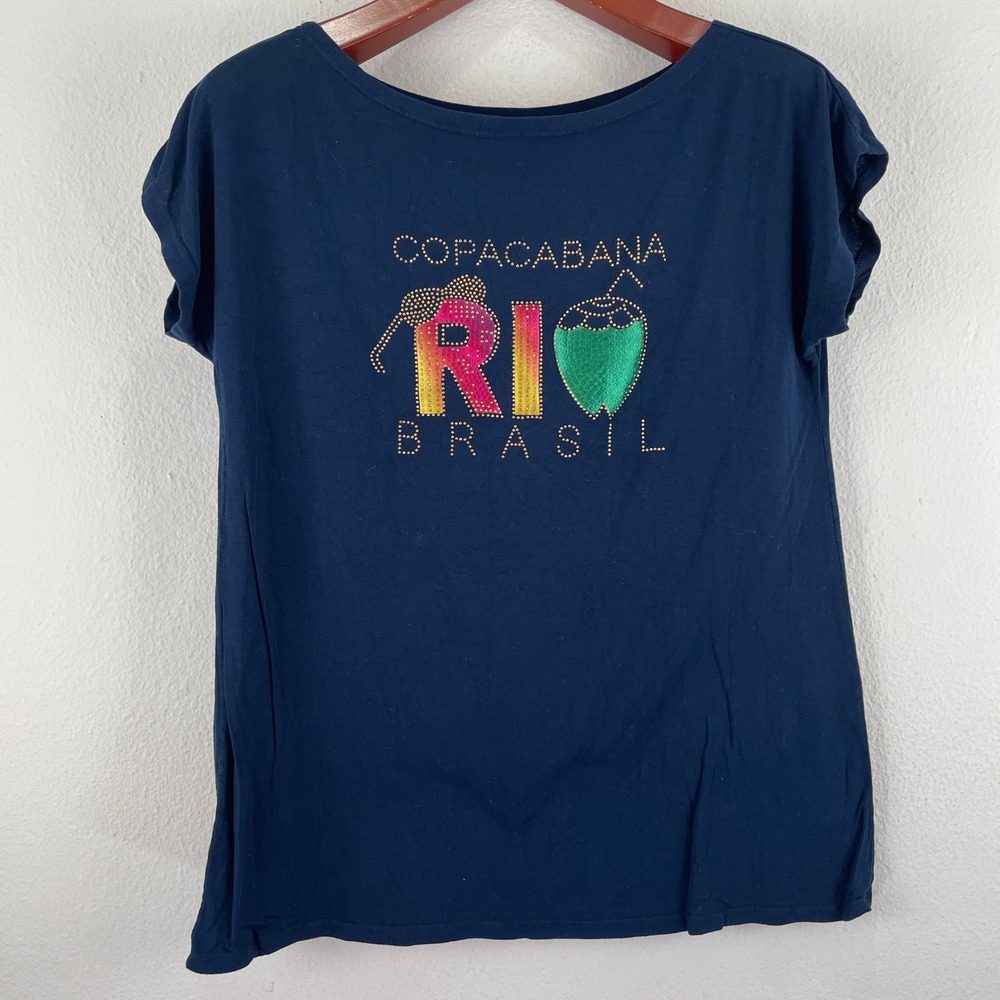 Tropicalcore Copacabana Rio Brasil Graphic Tee Blue Studded Rhinestone Shirt